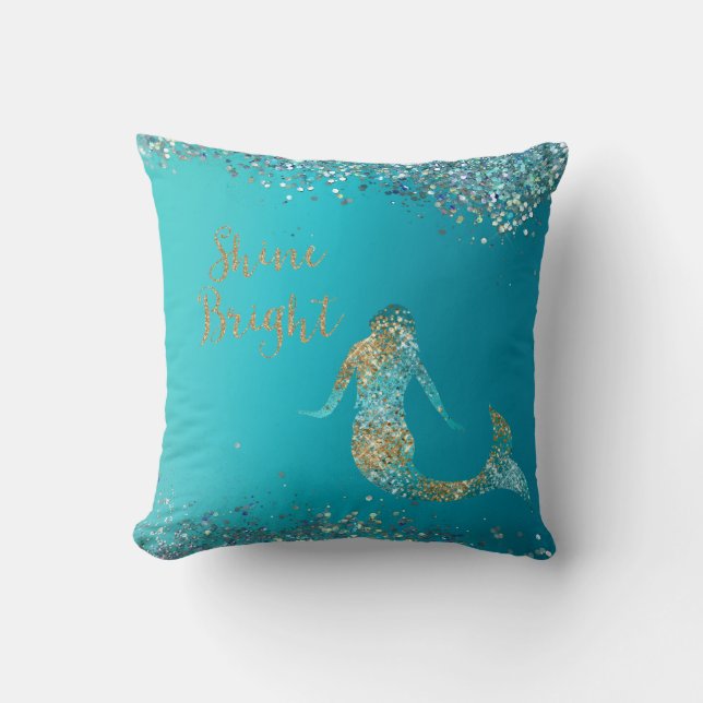 Aqua Gold Glitter Sparkle Mermaid  Cushion (Front)