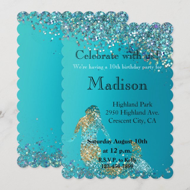 Aqua Gold Glitter Sparkle Mermaid Invitation (Front/Back)