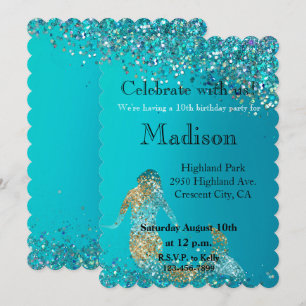 Aqua Gold Glitter Sparkle Mermaid Invitation