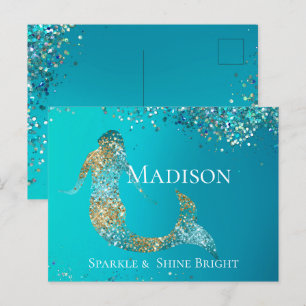 Aqua Gold Glitter Sparkle Mermaid  Postcard