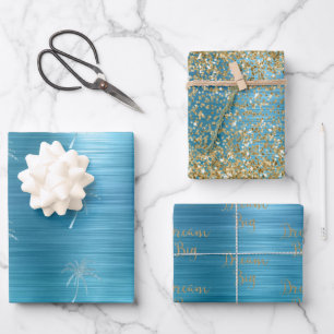 Aqua Gold Glitz Glitter Tropical Palm Tree Dream Wrapping Paper Sheet