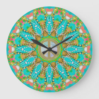 Aqua Gold Groovy Fractal Gems Peace Mandala Large Clock