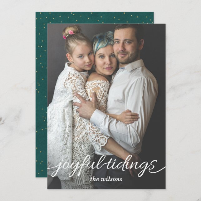 Aqua Gold Joyful Tidings Script Custom Photo Holiday Card (Front/Back)