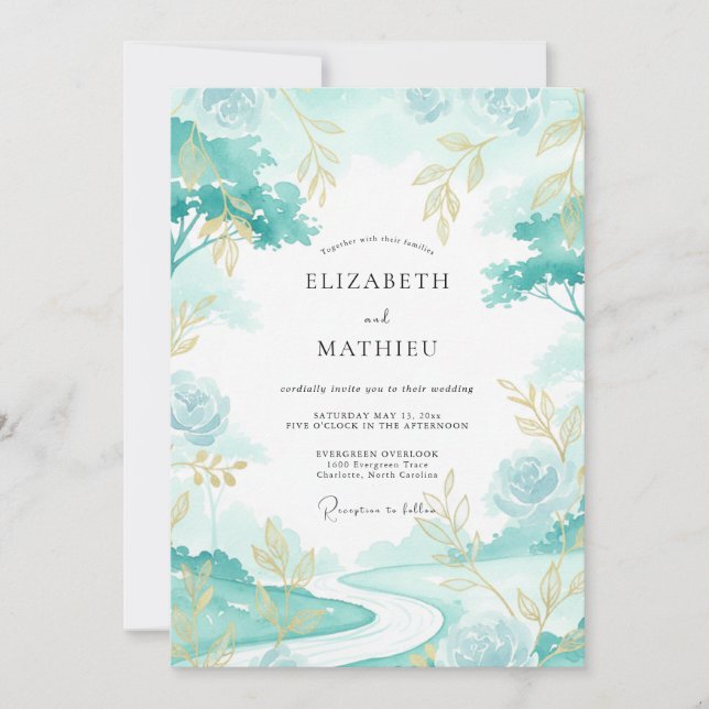Aqua Gold Leafy Wedding Invitation (Front)
