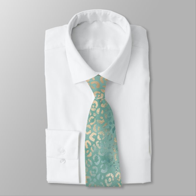 Aqua Gold Leopard Print Tie (Tied)
