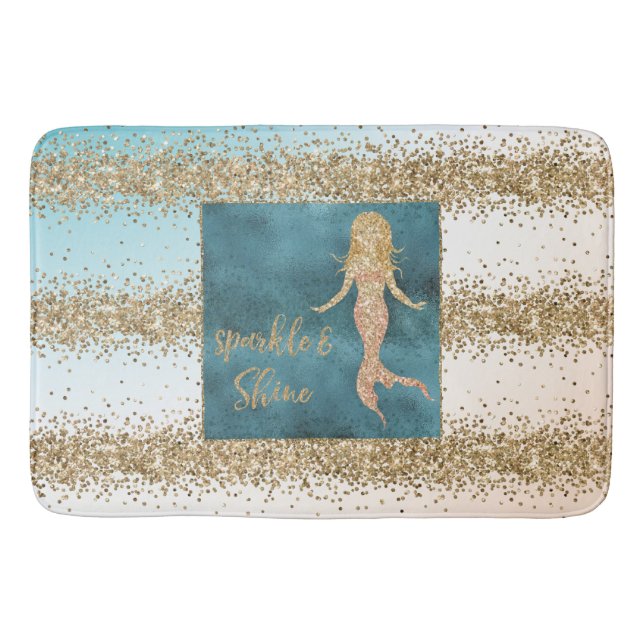 Aqua Gold Mermaid Sparkle Glitter Confetti         Bath Mat (Front)