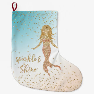 Aqua Gold Mermaid Sparkle Glitter Confetti         Large Christmas Stocking