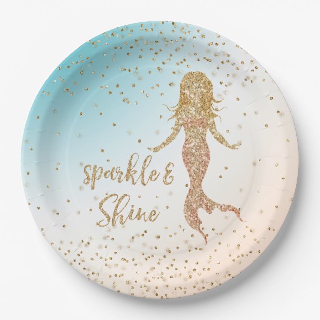 Aqua Gold Mermaid Sparkle Glitter Confetti   Paper Plate (Front)