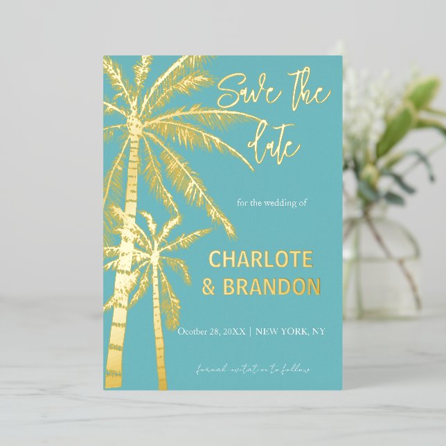 Aqua Gold Palm Trees Beach Wedding Save The Date (Standing Front)