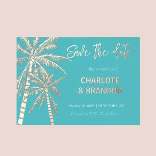 Aqua Gold Palm Trees Beach Wedding Save The Date