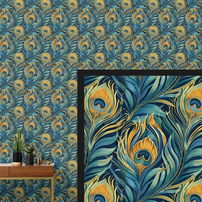 Aqua & Gold Peacock Feathers  Wallpaper (Creator Uploaded)