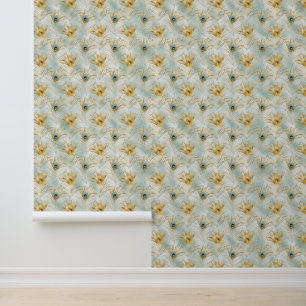 Aqua Gold Peacock Feathres Wallpaper