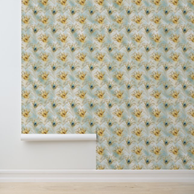 Aqua Gold Peacock Feathres Wallpaper (Application)