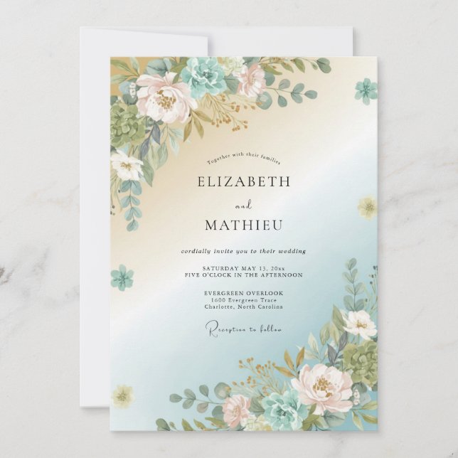 Aqua Gold Peony Wedding Invitation (Front)