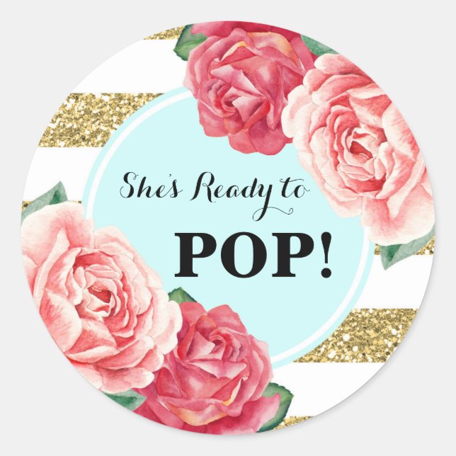 Aqua Gold Pink Floral Baby Shower Ready to Pop Classic Round Sticker (Front)