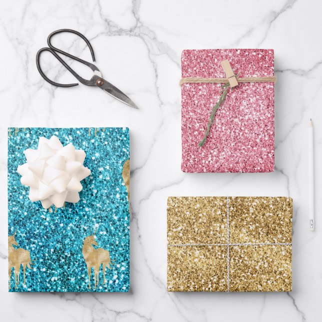 Aqua Gold Pink Glitter Glam Unicorn Sparkle   Wrapping Paper Sheet (Front)