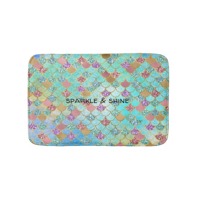 Aqua Gold Pink Glitzy Mermaid Glitter Bath Mat (Front)