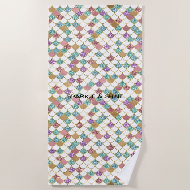 Aqua Gold Pink Glitzy Mermaid Glitter Beach Towel (Front)