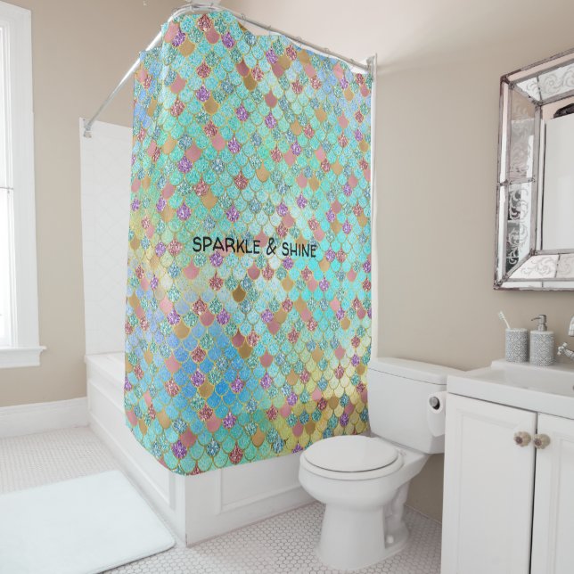 Aqua Gold Pink Glitzy Mermaid Glitter Shower Curtain (In Situ)