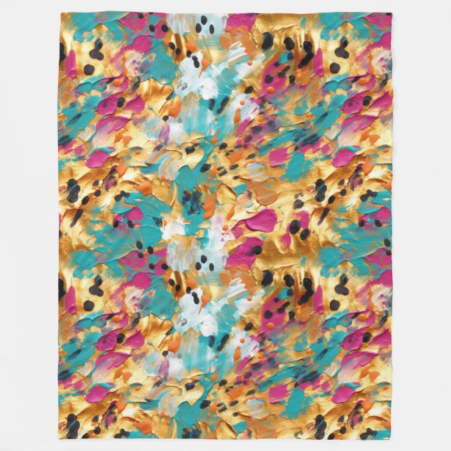 Aqua Gold Pink Leopard Paint Fleece Blanket (Front)