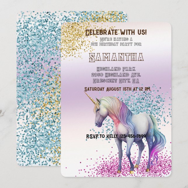 Aqua Gold Pink Unicorn Glitter    Invitation (Front/Back)