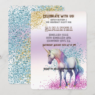 Aqua Gold Pink Unicorn Glitter    Invitation