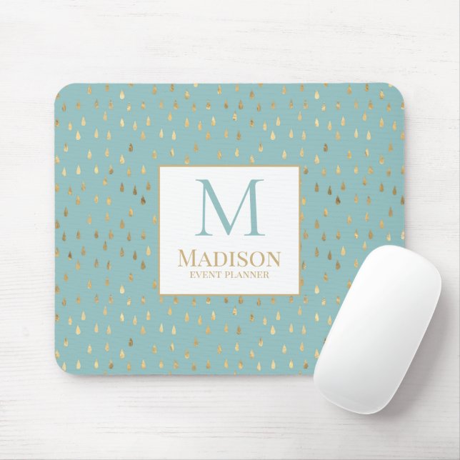 Aqua Gold Raindrop Modern Trendy Monogram Mouse Mat (With Mouse)