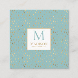 Aqua Gold Raindrop Modern Trendy Monogram Square Business Card