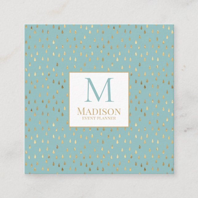 Aqua Gold Raindrop Modern Trendy Monogram Square Business Card (Front)