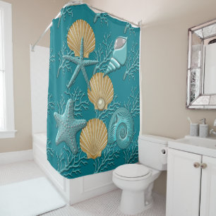 Aqua & Gold Seahells Coral Reef Shower Curtain