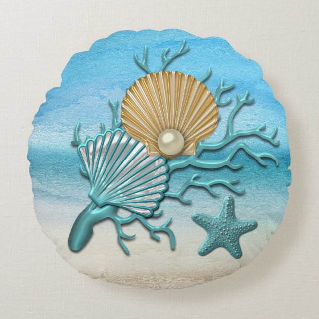Aqua & Gold Seashells Beach Round Cushion (Front)