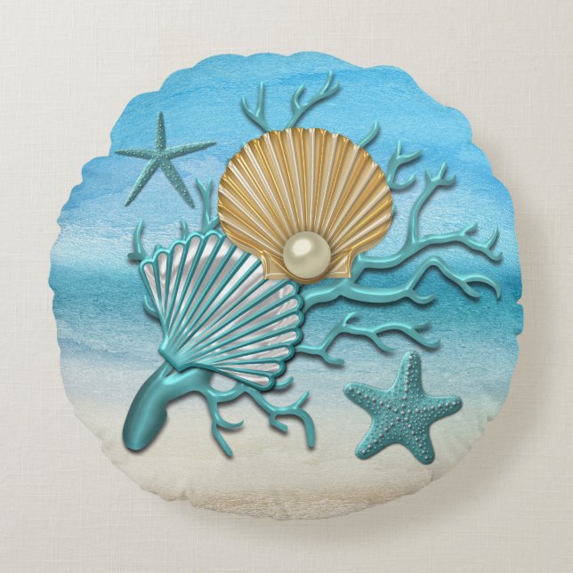 Aqua & Gold Seashells Beach Round Cushion (Front)