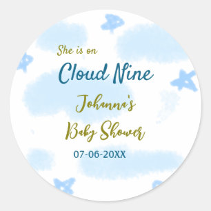 Aqua gold she is on cloud nine baby shower clouds  classic round sticker
