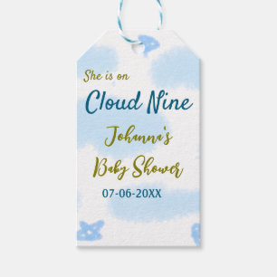 Aqua gold she is on cloud nine baby shower clouds gift tags