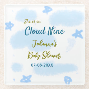 Aqua gold she is on cloud nine baby shower clouds glass coaster
