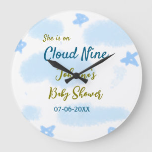 Aqua gold she is on cloud nine baby shower clouds large clock