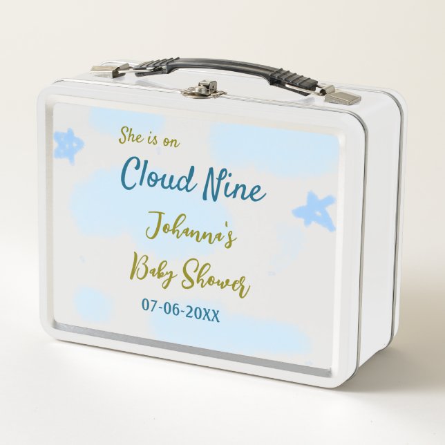 Aqua gold she is on cloud nine baby shower clouds  metal lunch box (Front)
