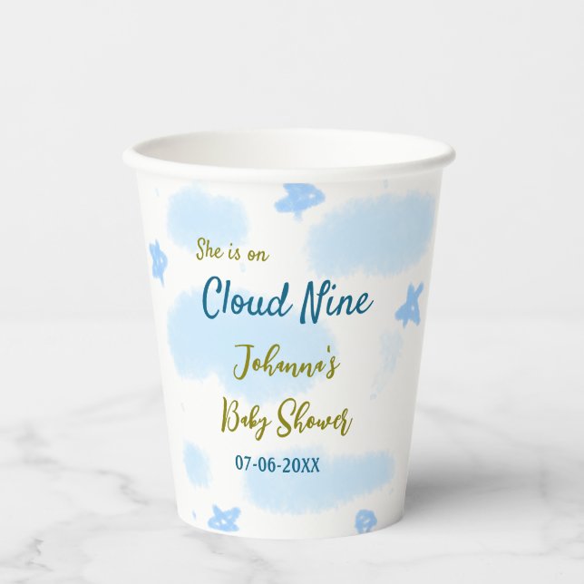 Aqua gold she is on cloud nine baby shower clouds  paper cups (Front)