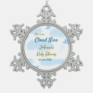 Aqua gold she is on cloud nine baby shower clouds snowflake pewter christmas ornament