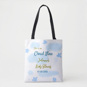 Aqua gold she is on cloud nine baby shower clouds tote bag