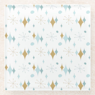 Aqua, Gold Starburst Mid Century Pattern Glass Coaster