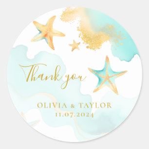 Aqua & Gold Starfish Beach Thank You Wedding Favou Classic Round Sticker