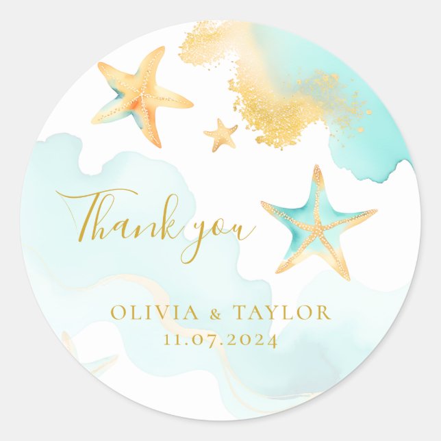 Aqua & Gold Starfish Beach Thank You Wedding Favou Classic Round Sticker (Front)