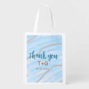 Aqua gold thank you add couple name date year text reusable grocery bag