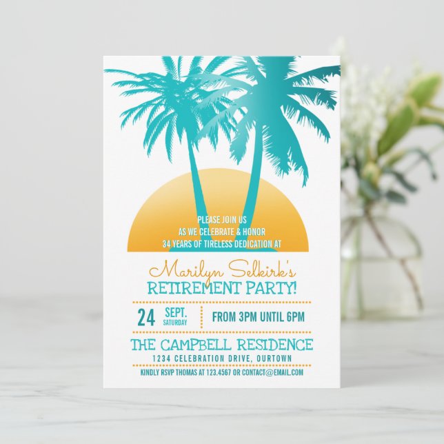 Aqua|Gold Tropical Retirement Party Invitations (Standing Front)