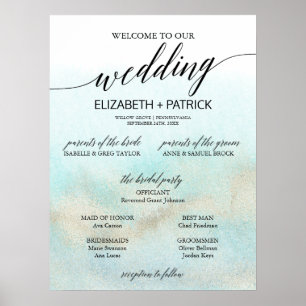 Aqua & Gold Watercolor Beach Small Wedding Program Poster