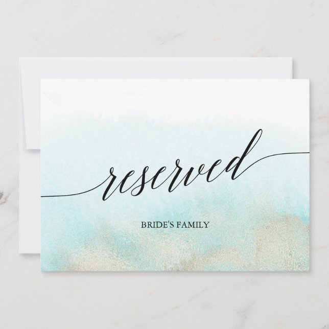 Aqua & Gold Watercolor Beach Wedding Reserved Sign (Front)