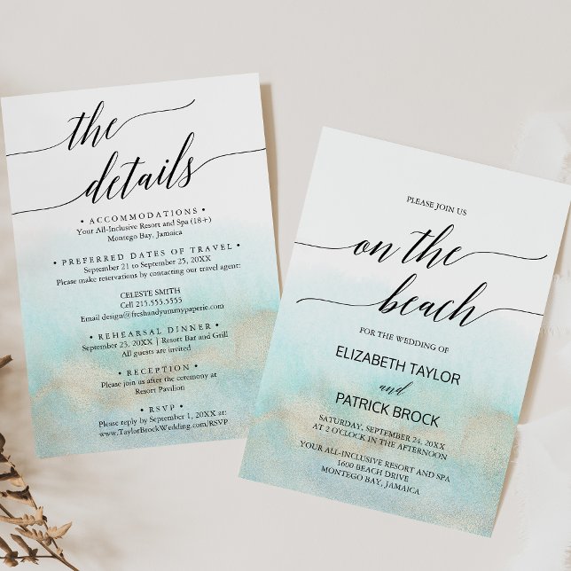 Aqua Gold Watercolor Details On The Beach Wedding Invitation (Aqua Gold Watercolor Details On The Beach Wedding Invitation)