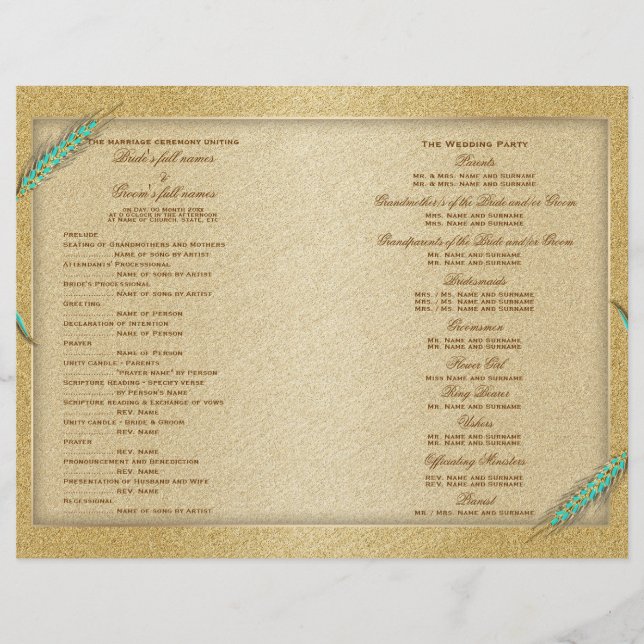Aqua gold wedding program wheat (Front)