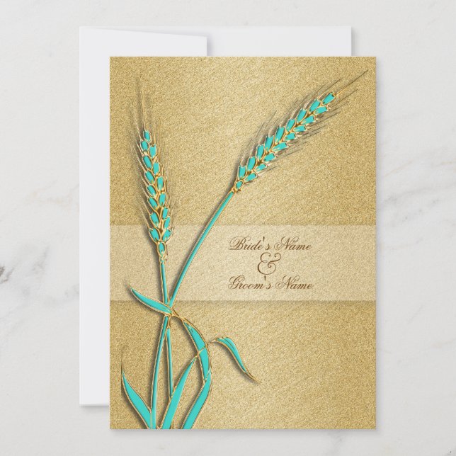 Aqua gold wedding wheat flower invitation (Front)